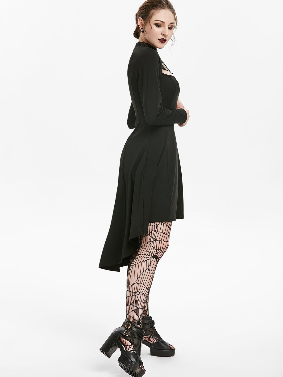 Embellished Faux Leather Insert Raglan Sleeve High Low Gothic Dress - lionhuntshop