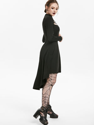 Embellished Faux Leather Insert Raglan Sleeve High Low Gothic Dress - lionhuntshop
