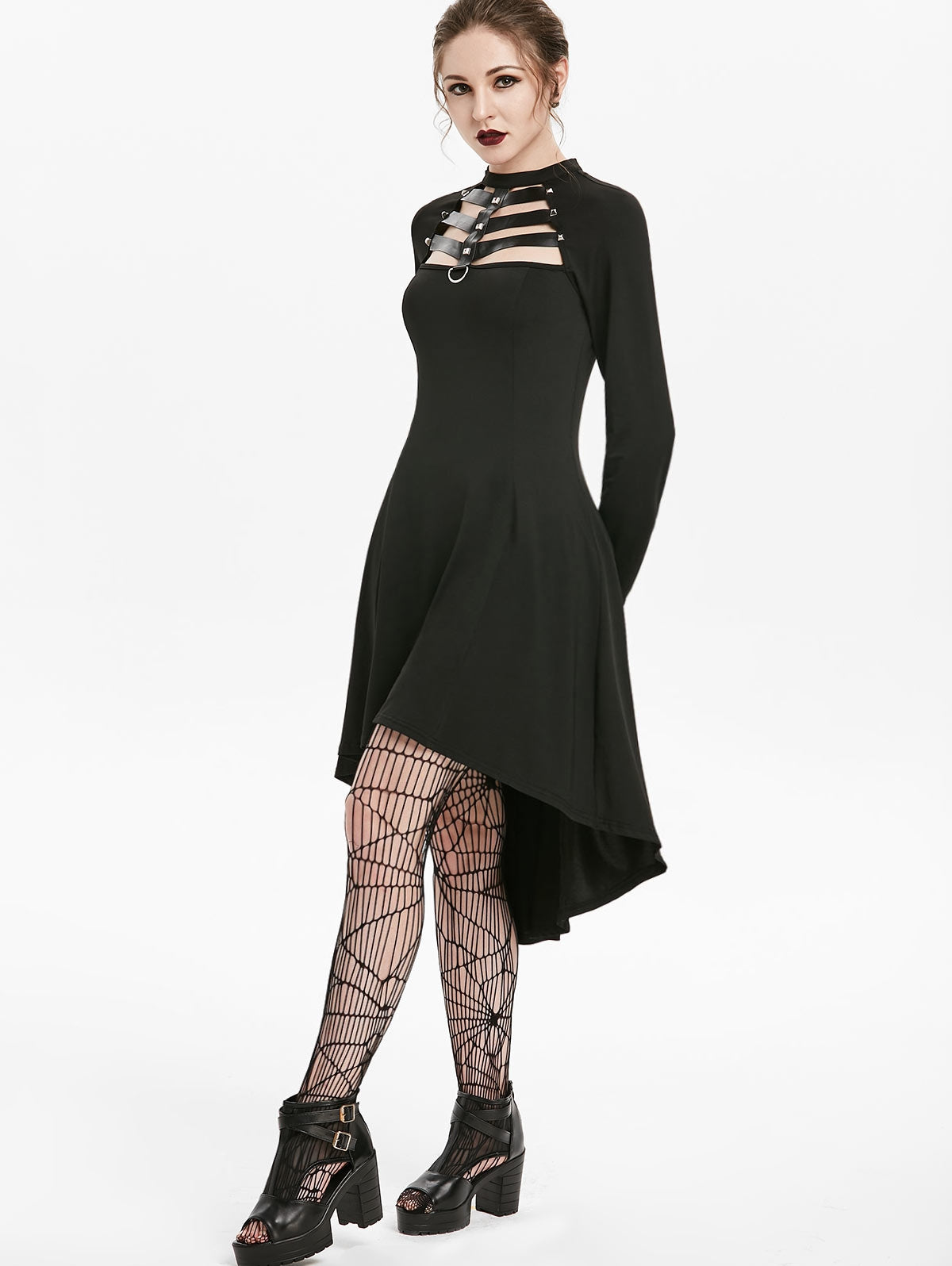 Embellished Faux Leather Insert Raglan Sleeve High Low Gothic Dress - lionhuntshop