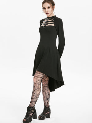 Embellished Faux Leather Insert Raglan Sleeve High Low Gothic Dress - lionhuntshop