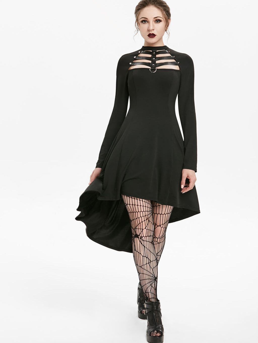 Embellished Faux Leather Insert Raglan Sleeve High Low Gothic Dress - lionhuntshop