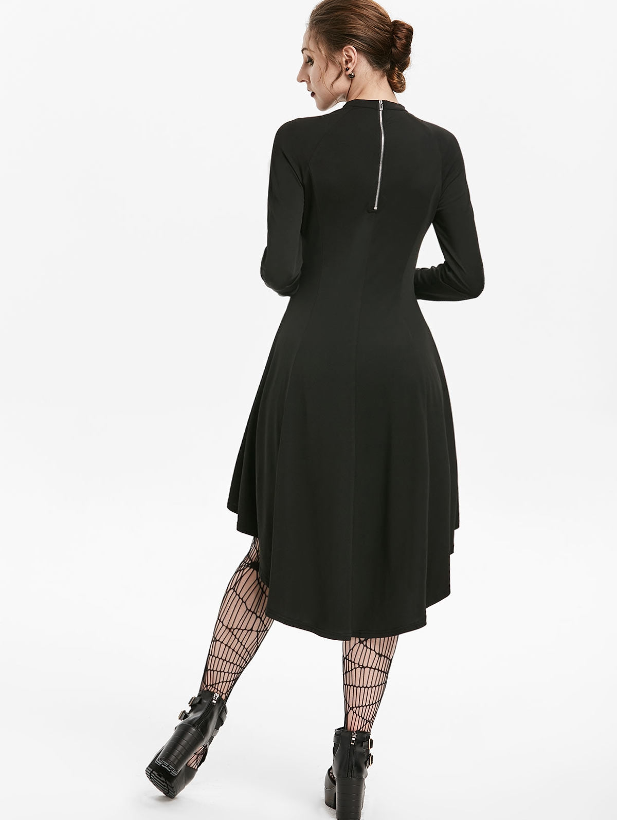 Embellished Faux Leather Insert Raglan Sleeve High Low Gothic Dress - lionhuntshop