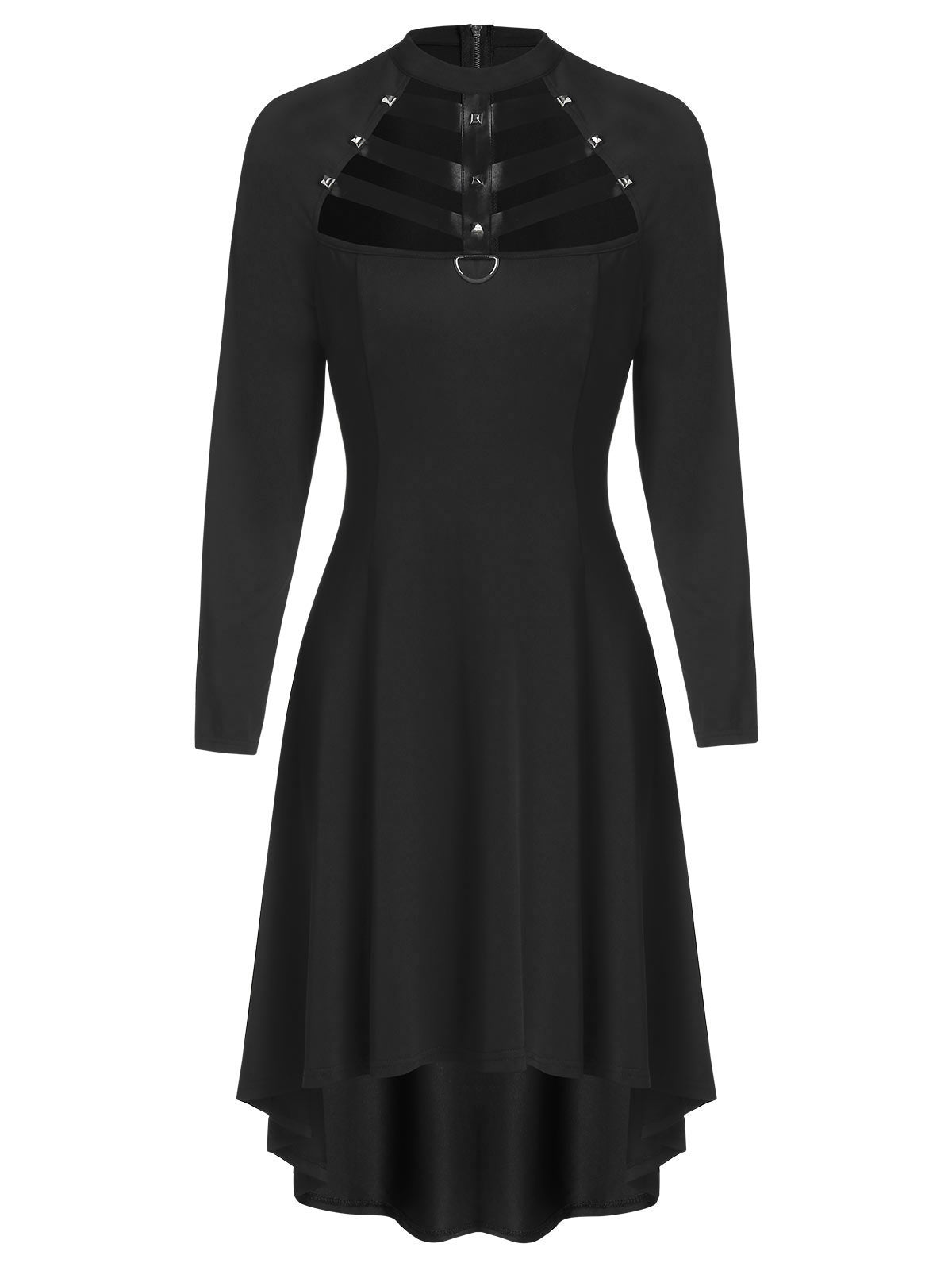 Embellished Faux Leather Insert Raglan Sleeve High Low Gothic Dress - lionhuntshop