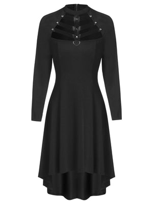 Embellished Faux Leather Insert Raglan Sleeve High Low Gothic Dress - lionhuntshop