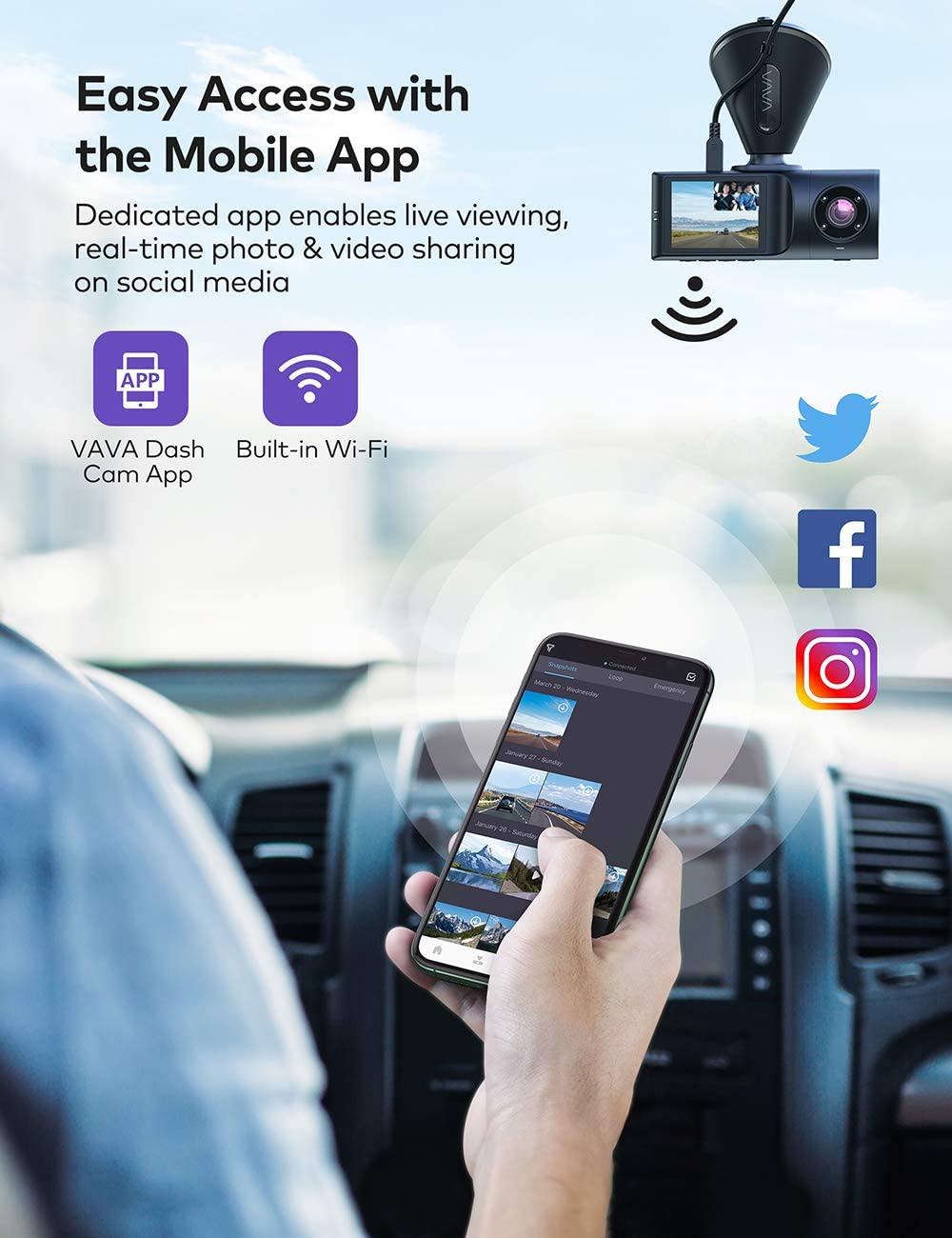 Dual Dash Cam, VAVA 2K Front and 1080P Cabin or 2.5K 30fps Single Front Car Camera, Both Sony Sensor, Infrared Night Vision, App Control & 2" LCD Display, Parking Mode, Built-in GPS for Uber & Lyft