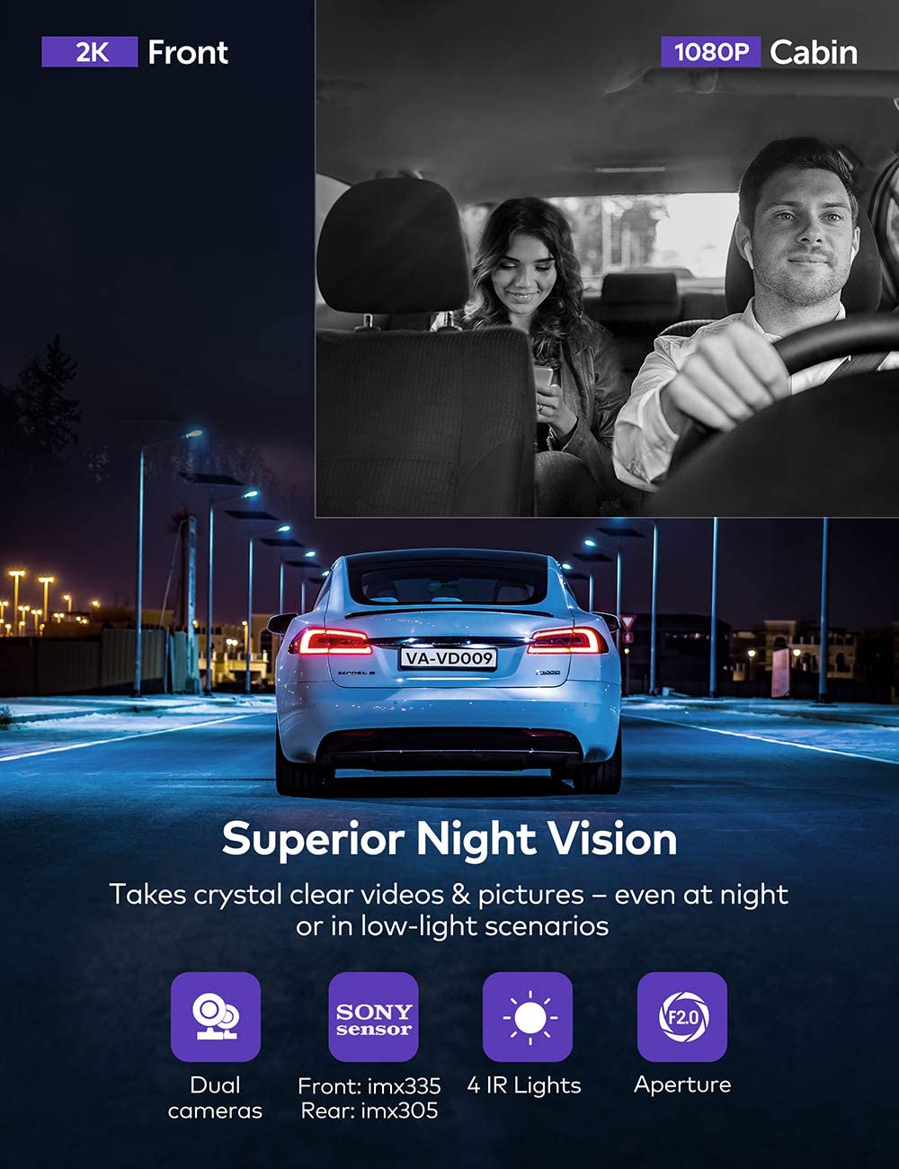 Dual Dash Cam, VAVA 2K Front and 1080P Cabin or 2.5K 30fps Single Front Car Camera, Both Sony Sensor, Infrared Night Vision, App Control & 2" LCD Display, Parking Mode, Built-in GPS for Uber & Lyft