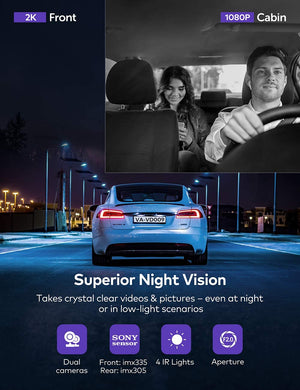 Dual Dash Cam, VAVA 2K Front and 1080P Cabin or 2.5K 30fps Single Front Car Camera, Both Sony Sensor, Infrared Night Vision, App Control & 2" LCD Display, Parking Mode, Built-in GPS for Uber & Lyft