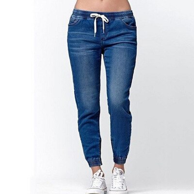 Women Solid Drawstring Straight Jeans Pants - lionhuntshop
