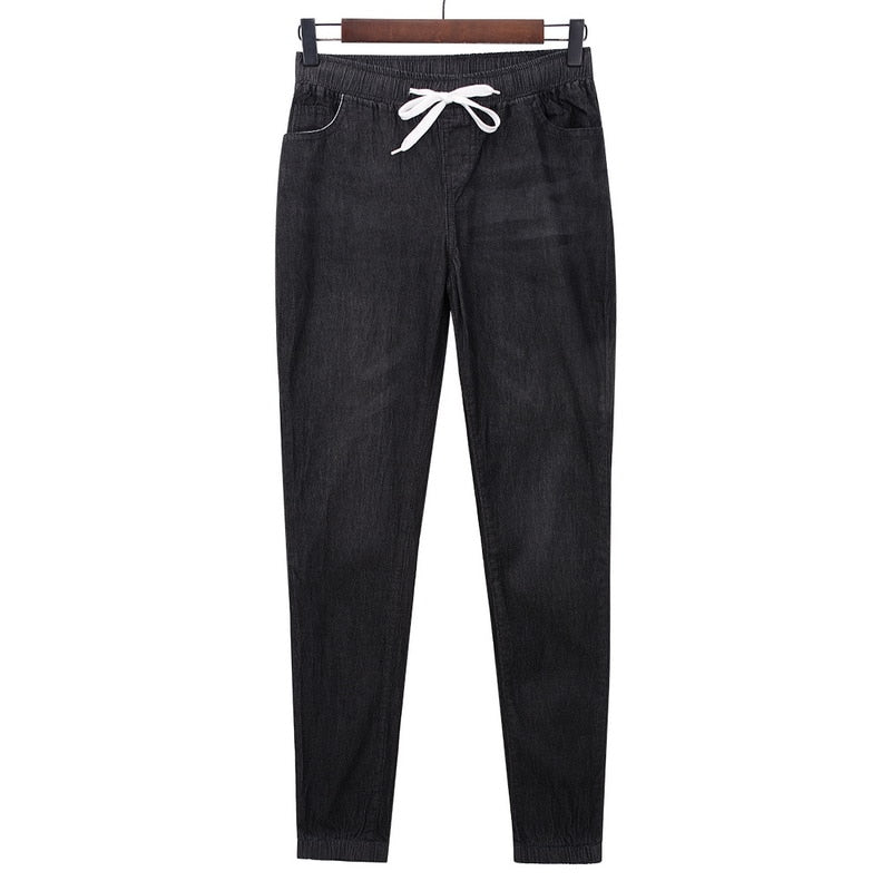 Women Solid Drawstring Straight Jeans Pants - lionhuntshop