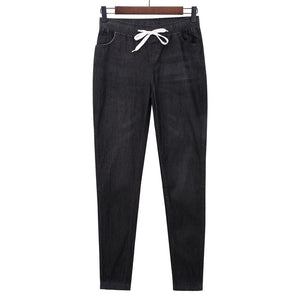Women Solid Drawstring Straight Jeans Pants - lionhuntshop