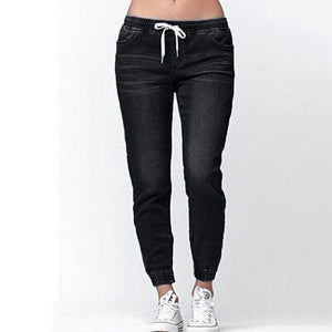 Women Solid Drawstring Straight Jeans Pants - lionhuntshop